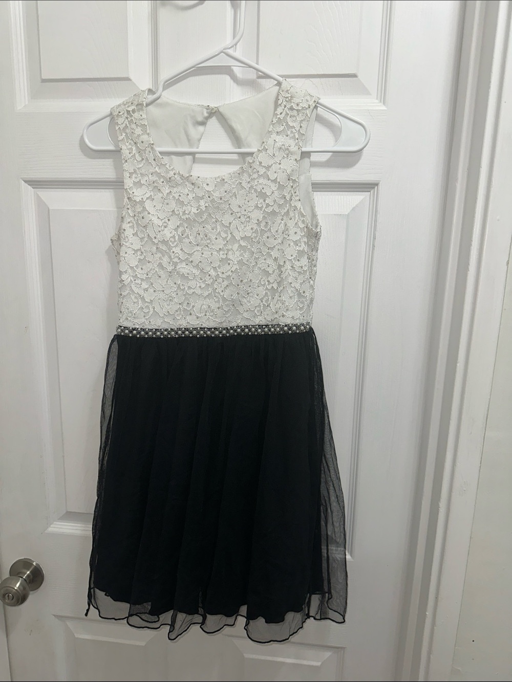 Speechless White Lace Bodice & Faux Pearls with Black Tulle Skirt Formal Dress